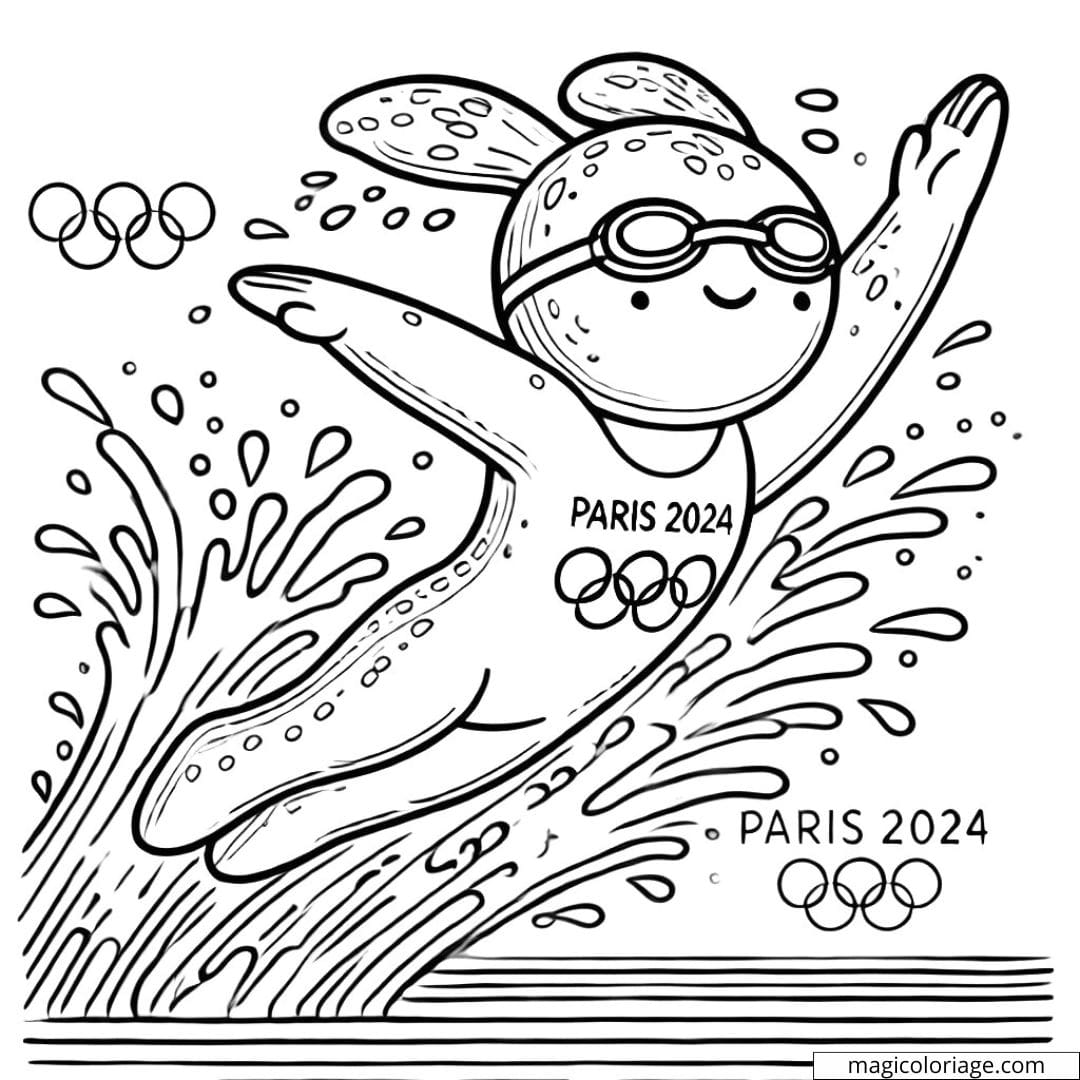 Dessin à colorier de mascotte en train de nager, coloriage à imprimer pour enfants