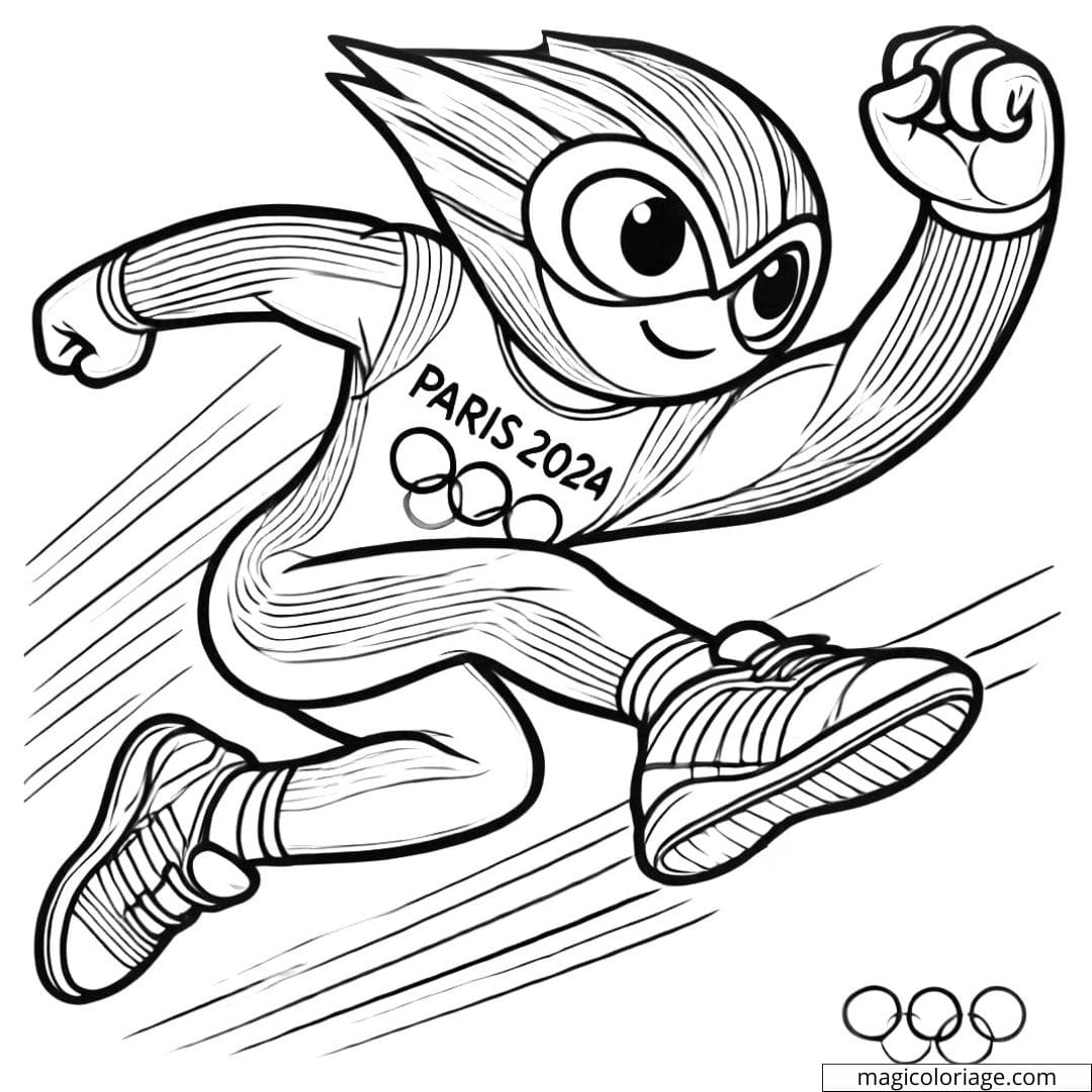 Coloriage de mascotte faisant du saut en longueur, dessin à colorier à imprimer pour enfants