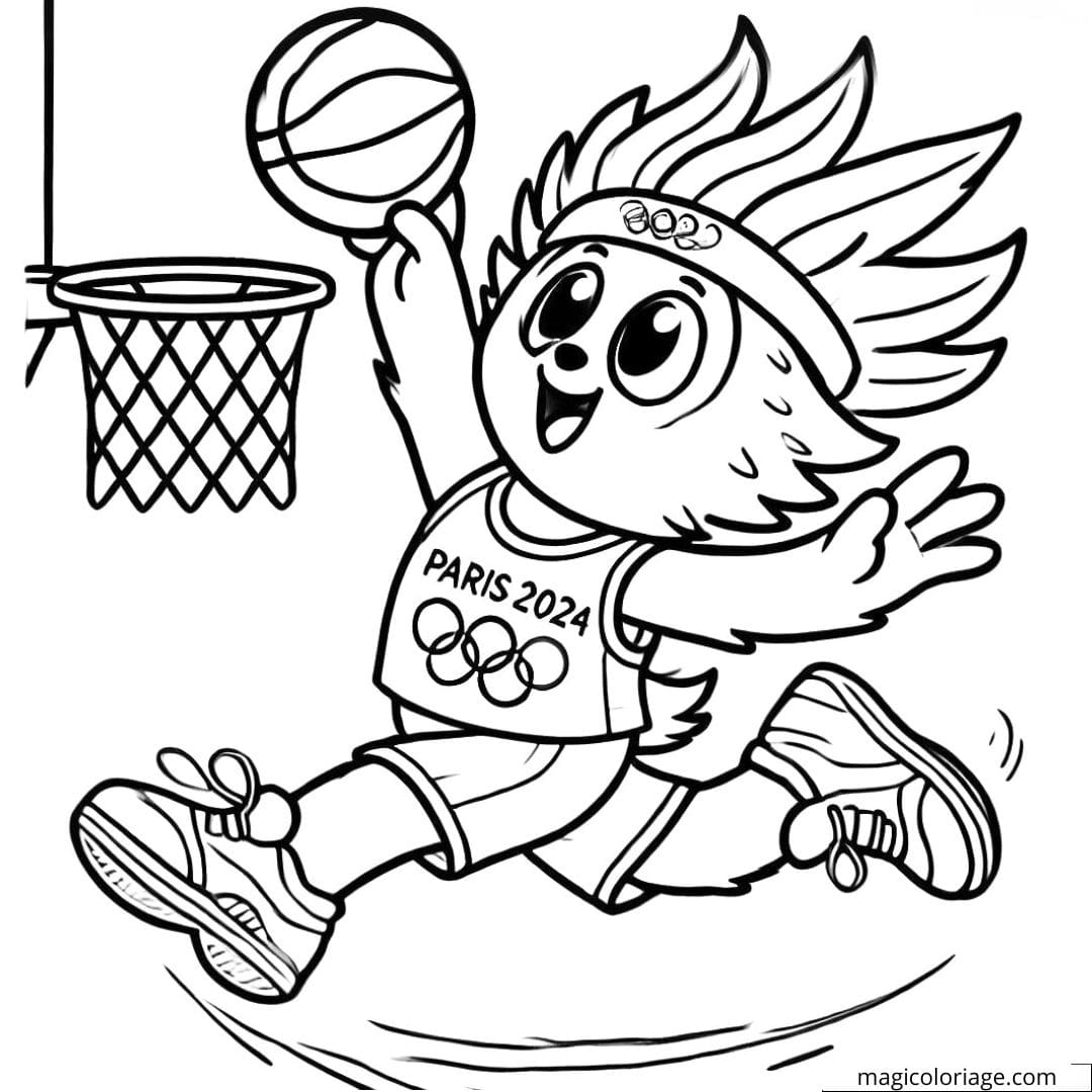 Dessin à colorier de Mascotte des JO jouant au basket-ball, coloriage à imprimer pour enfants