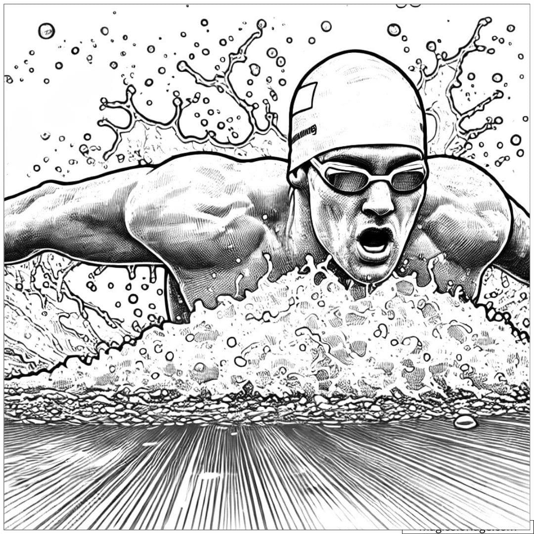 Nageur olympique en pleine action, capturé dans un dessin détaillé en noir et blanc, avec des éclaboussures d'eau et un fort mouvement vers l'avant.