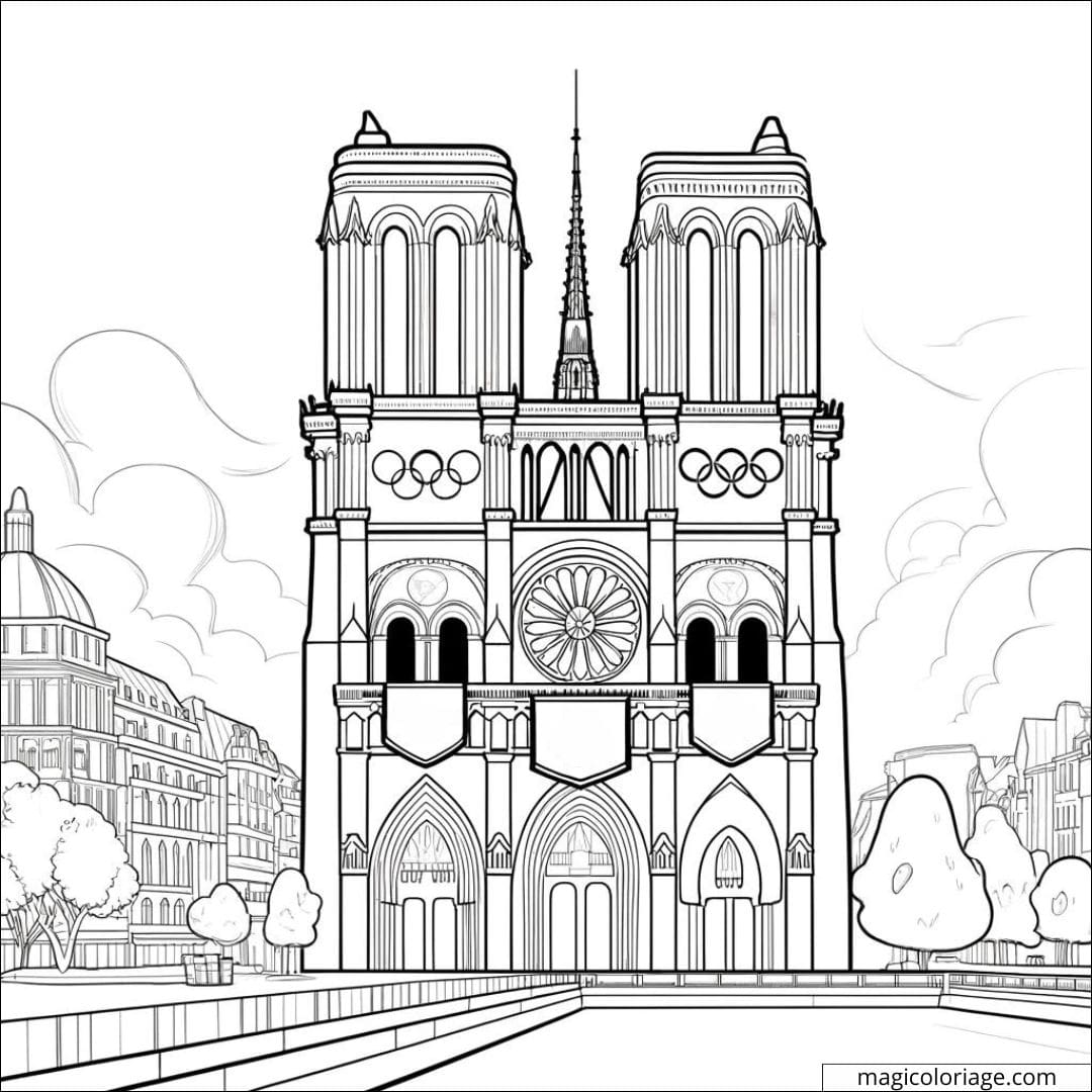 Dessin à colorier de Notre-Dame avec des bannières olympiques pour les JO 2024 à Paris