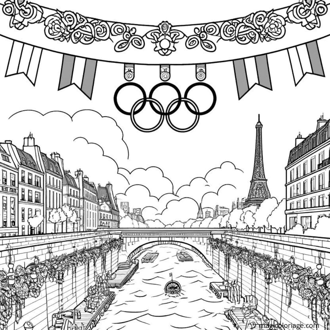 Dessin à colorier des quais de la Seine décorés pour les JO 2024 à Paris
