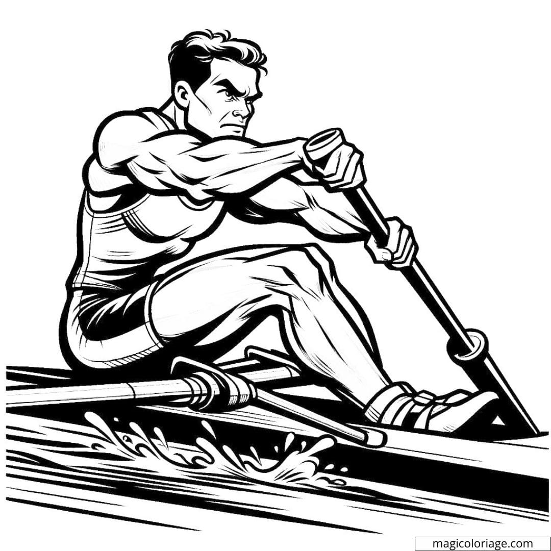 Coloriage d'un rameur en action, en pleine course d'aviron