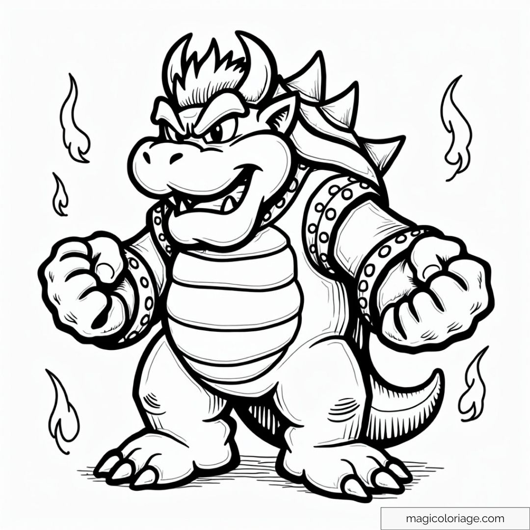 Dessin à colorier de Bowser, l'ennemi redoutable de Mario, entouré de flammes, idéal pour les fans de l'univers Mario, à imprimer pour une activité créative.