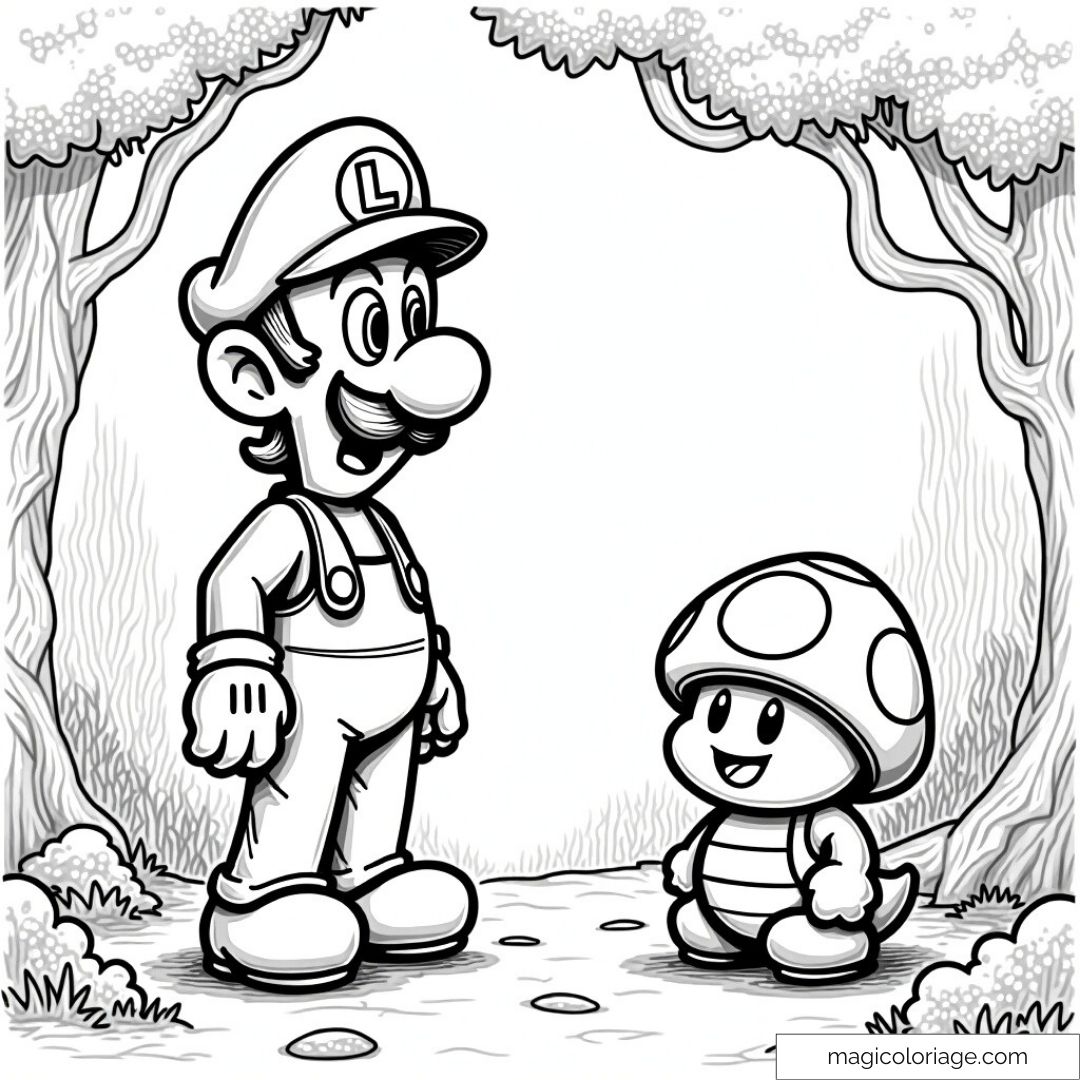 Dessin à colorier représentant Luigi et Toad debout dans une forêt, entourés d'arbres et d'une nature verdoyante.