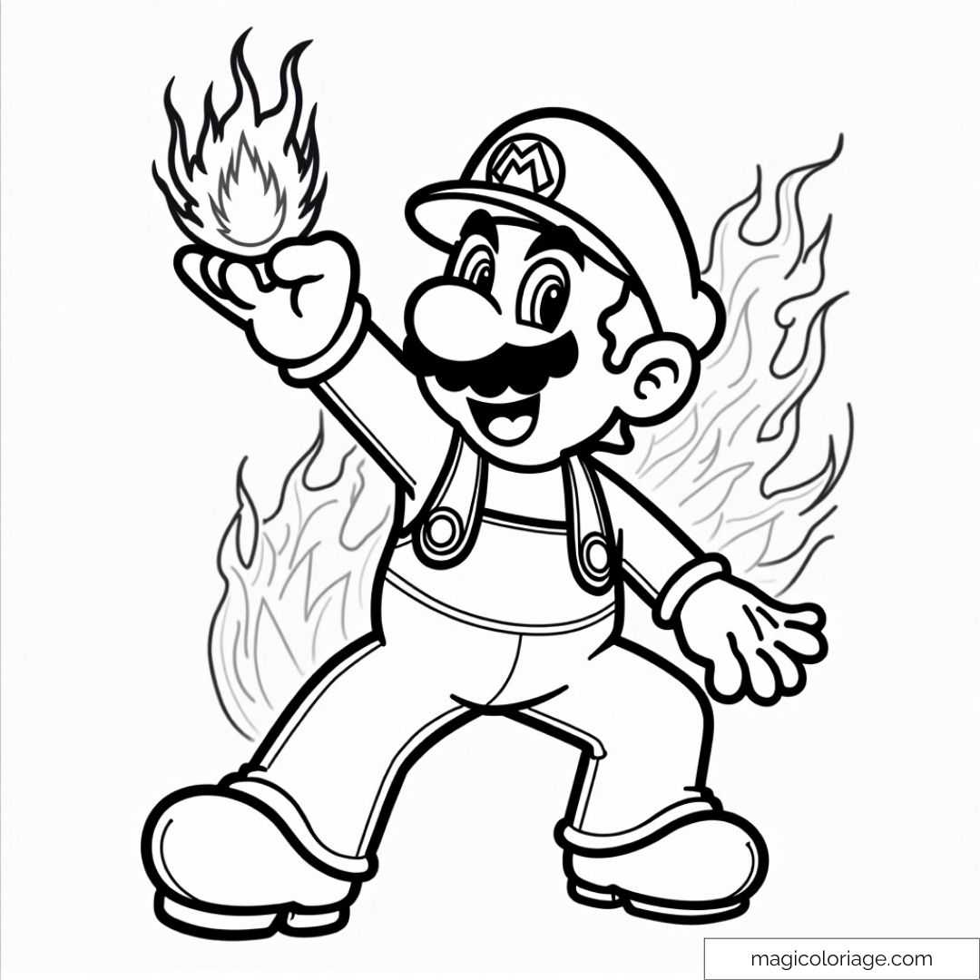 Image à colorier de Mario tenant une boule de feu dans sa main, prêt à l'utiliser contre ses ennemis, avec des flammes en arrière-plan.