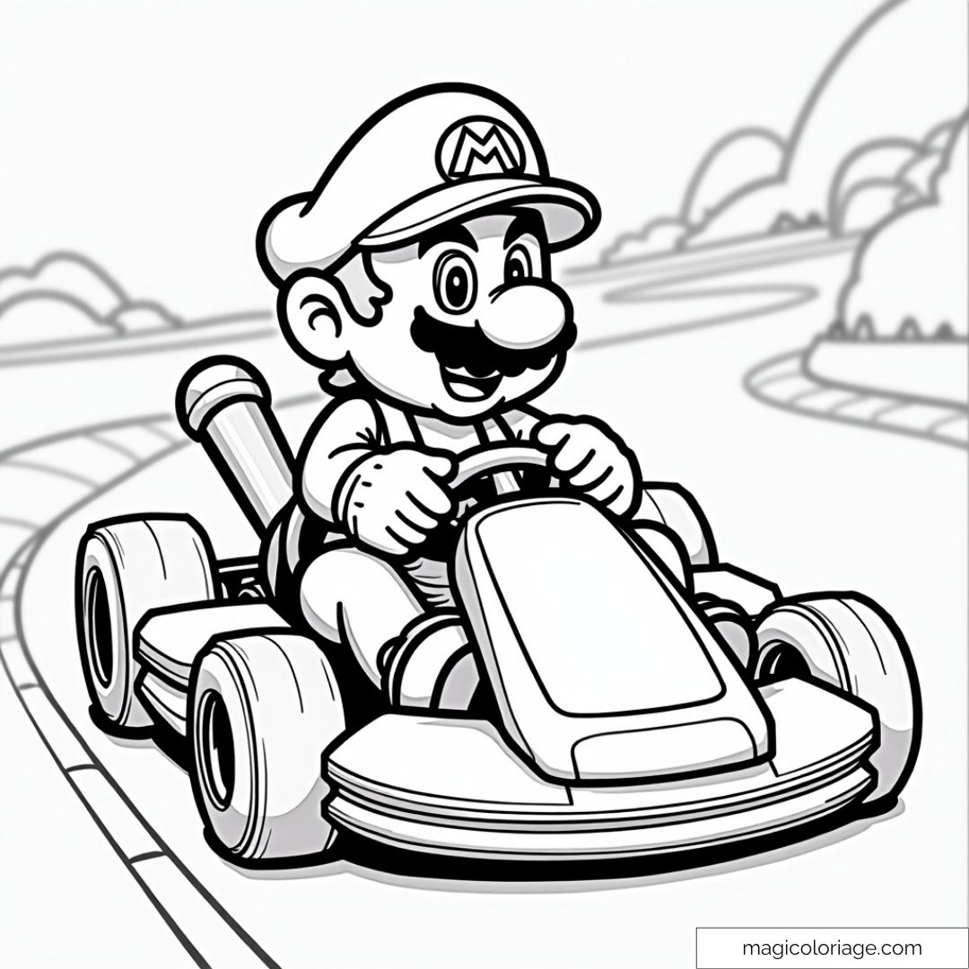 Image à colorier de Mario conduisant son kart sur une piste de course, prêt à affronter ses adversaires dans une course pleine de rebondissements.
