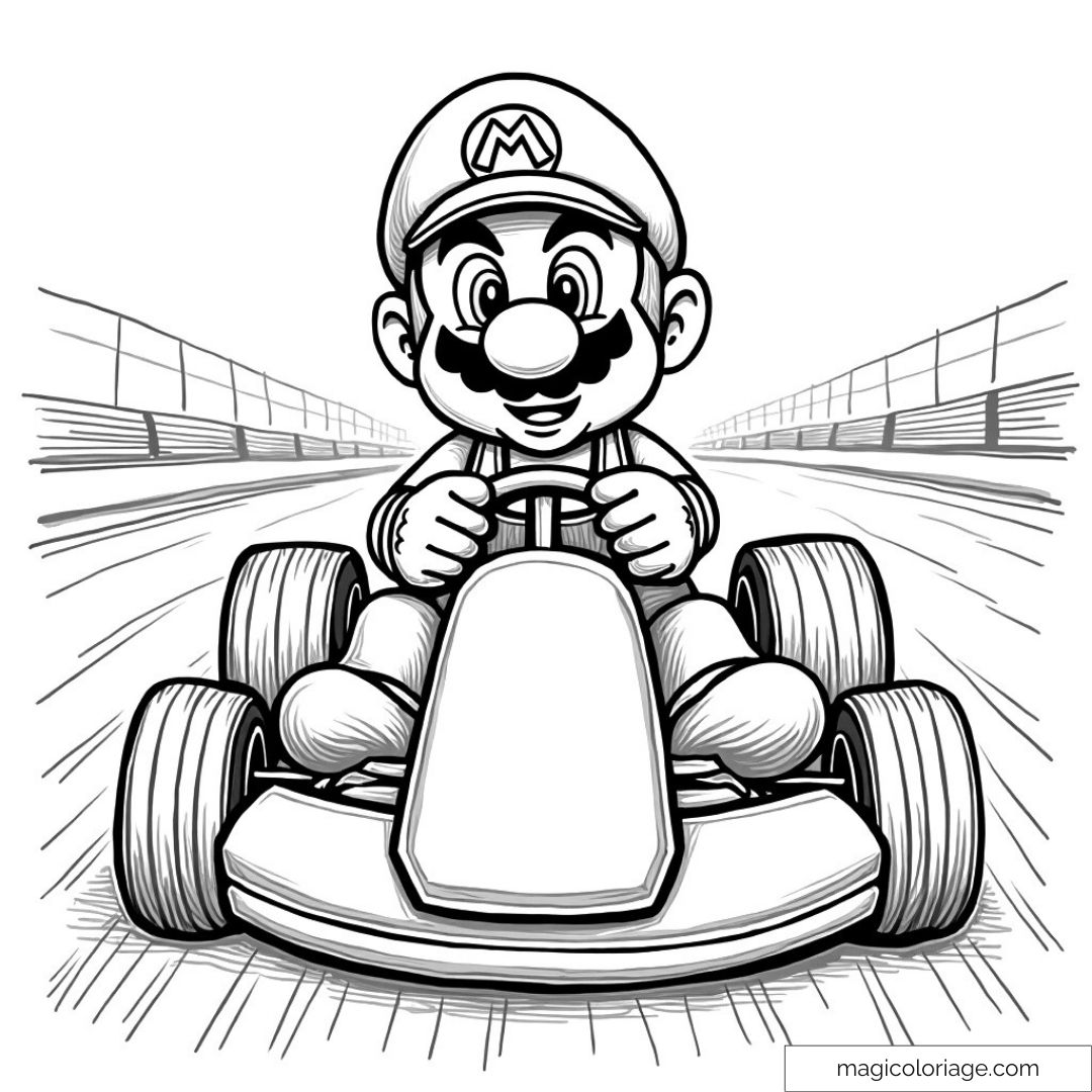 Image à colorier de Mario concentré, pilotant son kart avec détermination sur une piste de course, prêt à affronter ses adversaires.