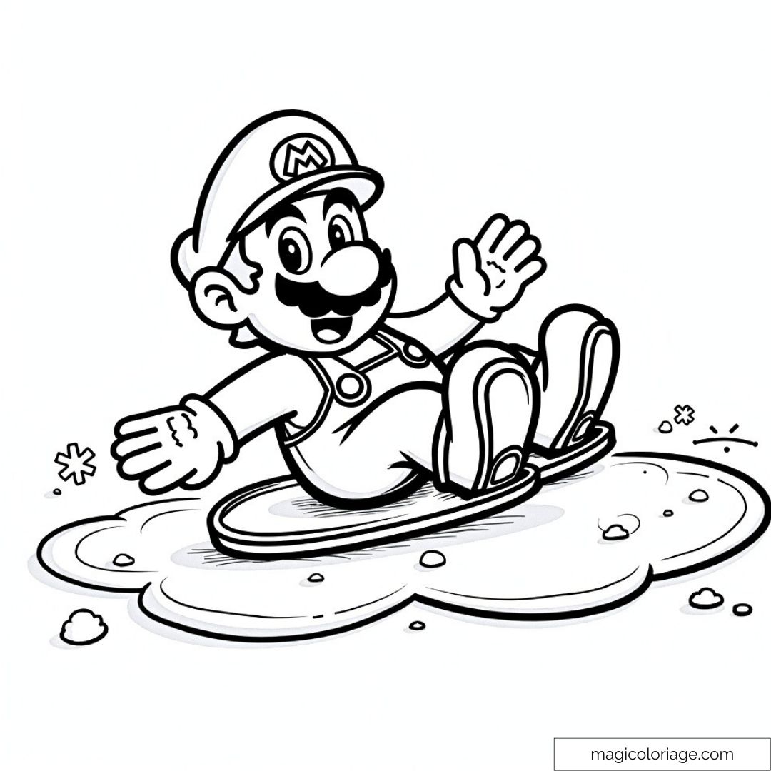 Illustration en noir et blanc de Mario glissant sur un nuage, les bras écartés avec un sourire joyeux.