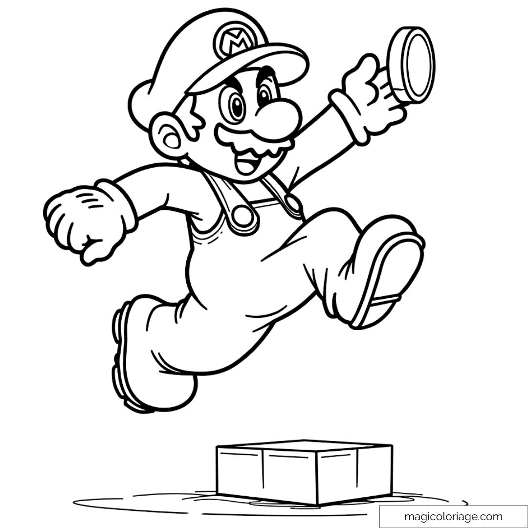 Image à colorier de Mario sautant avec une pièce dans la main, prêt à atteindre de nouveaux sommets dans ses aventures.