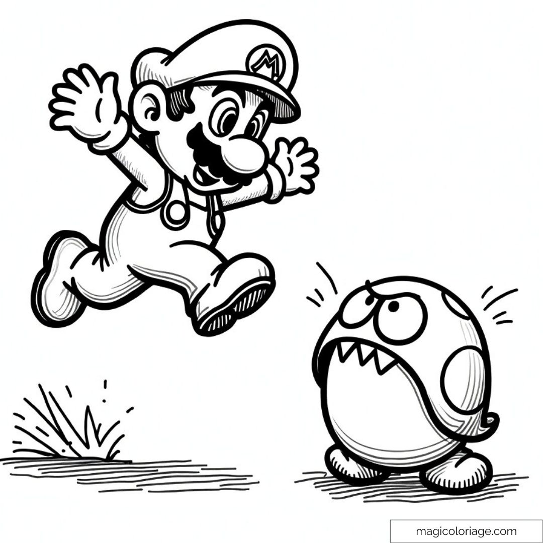 Image à colorier représentant Mario sautant sur un Goomba effrayé, avec un grand sourire de détermination.