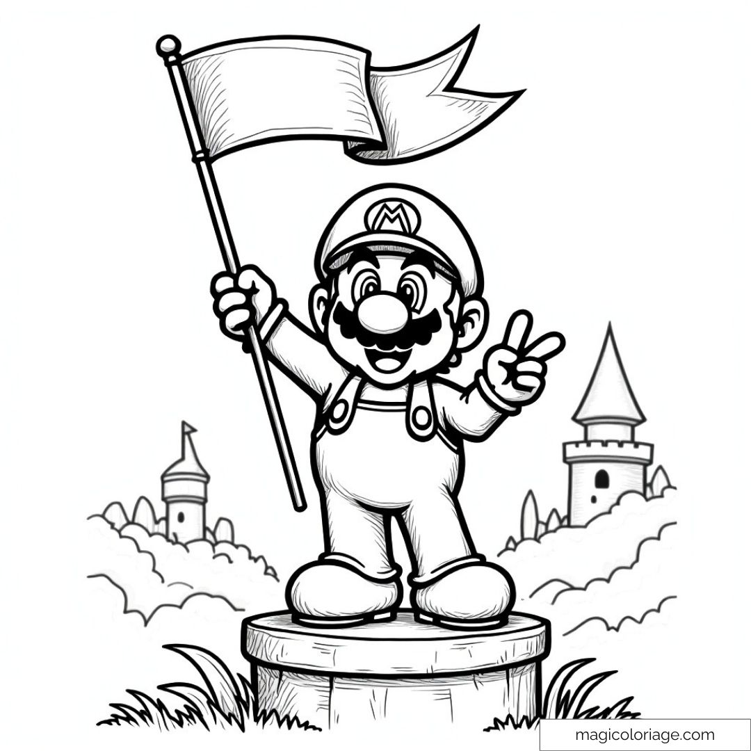 Illustration en noir et blanc de Mario debout sur un piédestal, tenant un drapeau et faisant le signe de la victoire, avec des châteaux visibles à l'arrière-plan.
