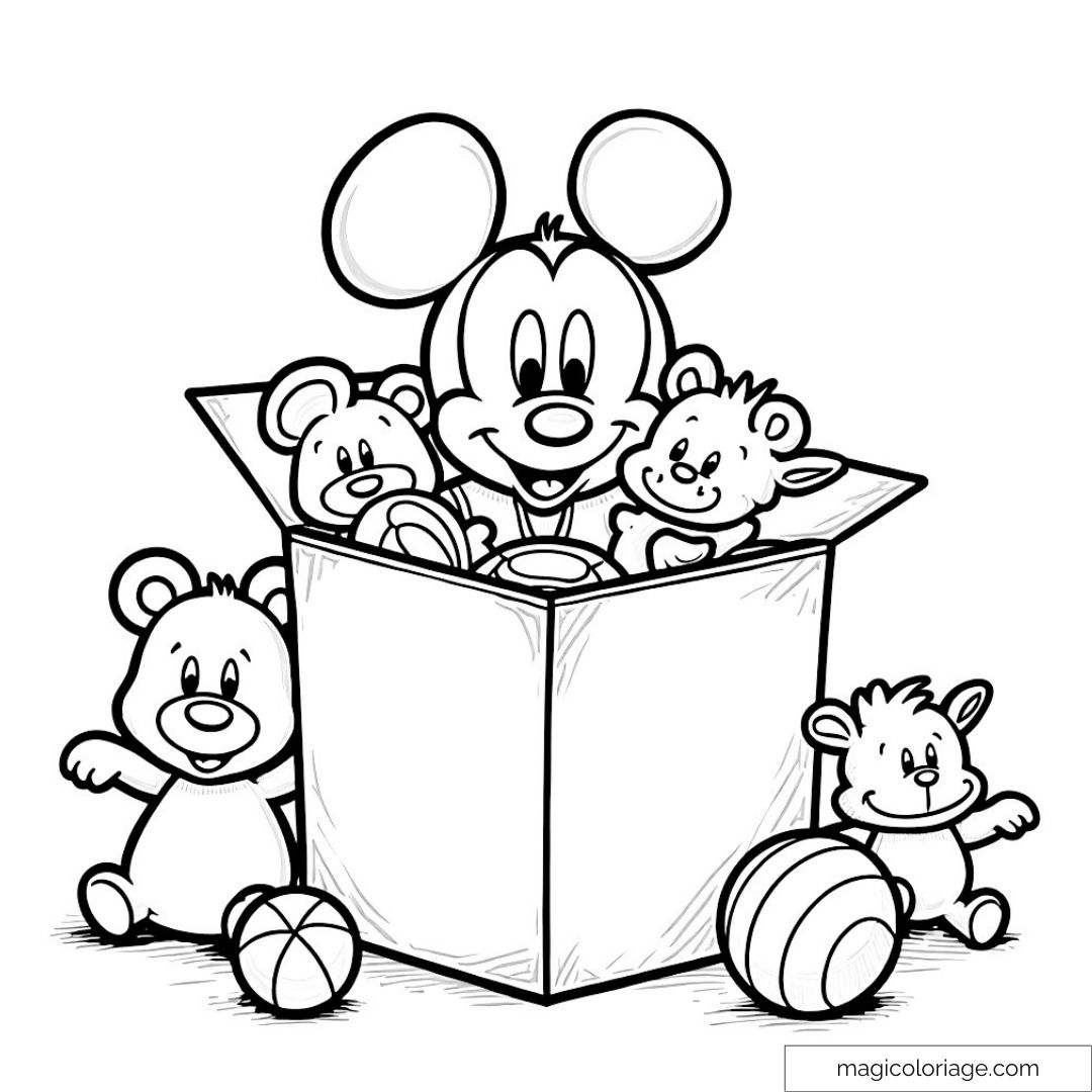 Mickey avec des jouets dans une boîte