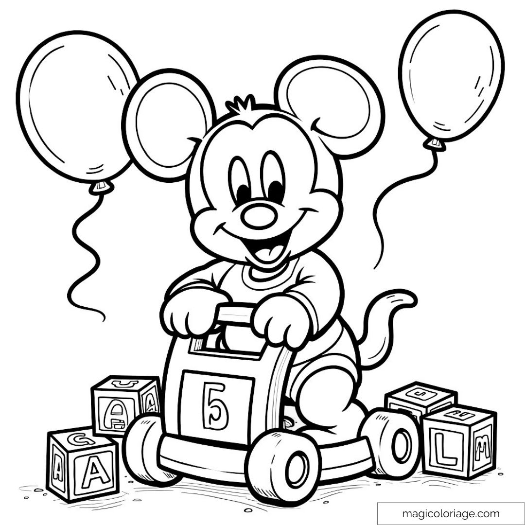 Mickey bébé souriant avec ballons et blocs à colorier