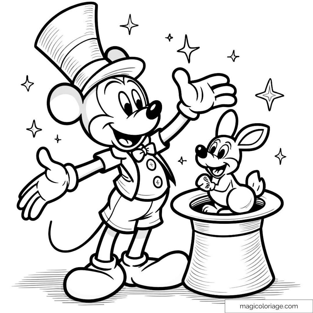 Mickey magicien avec lapin dans un chapeau à colorier