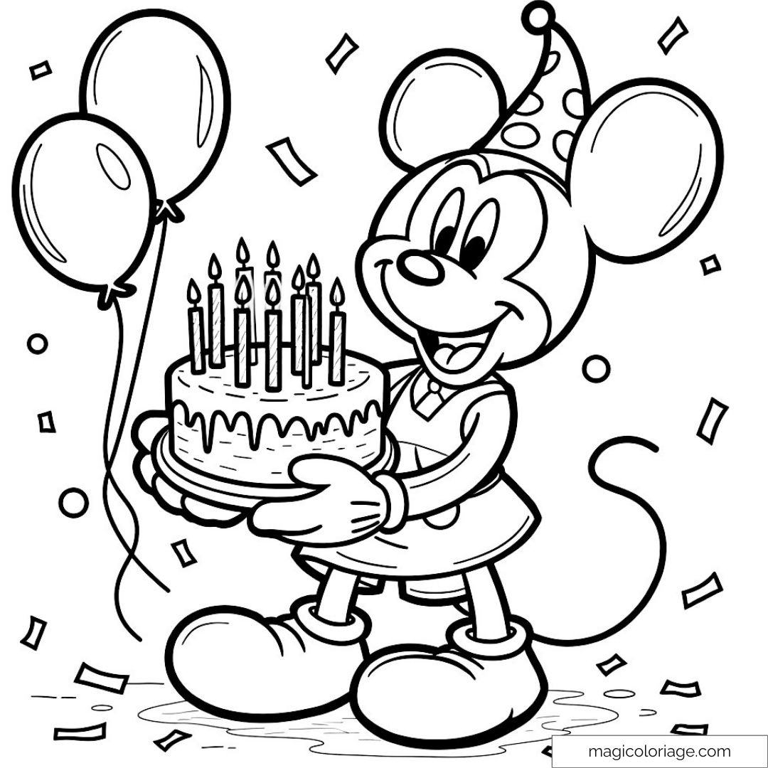 Coloriage Mickey avec gâteau d'anniversaire et ballons