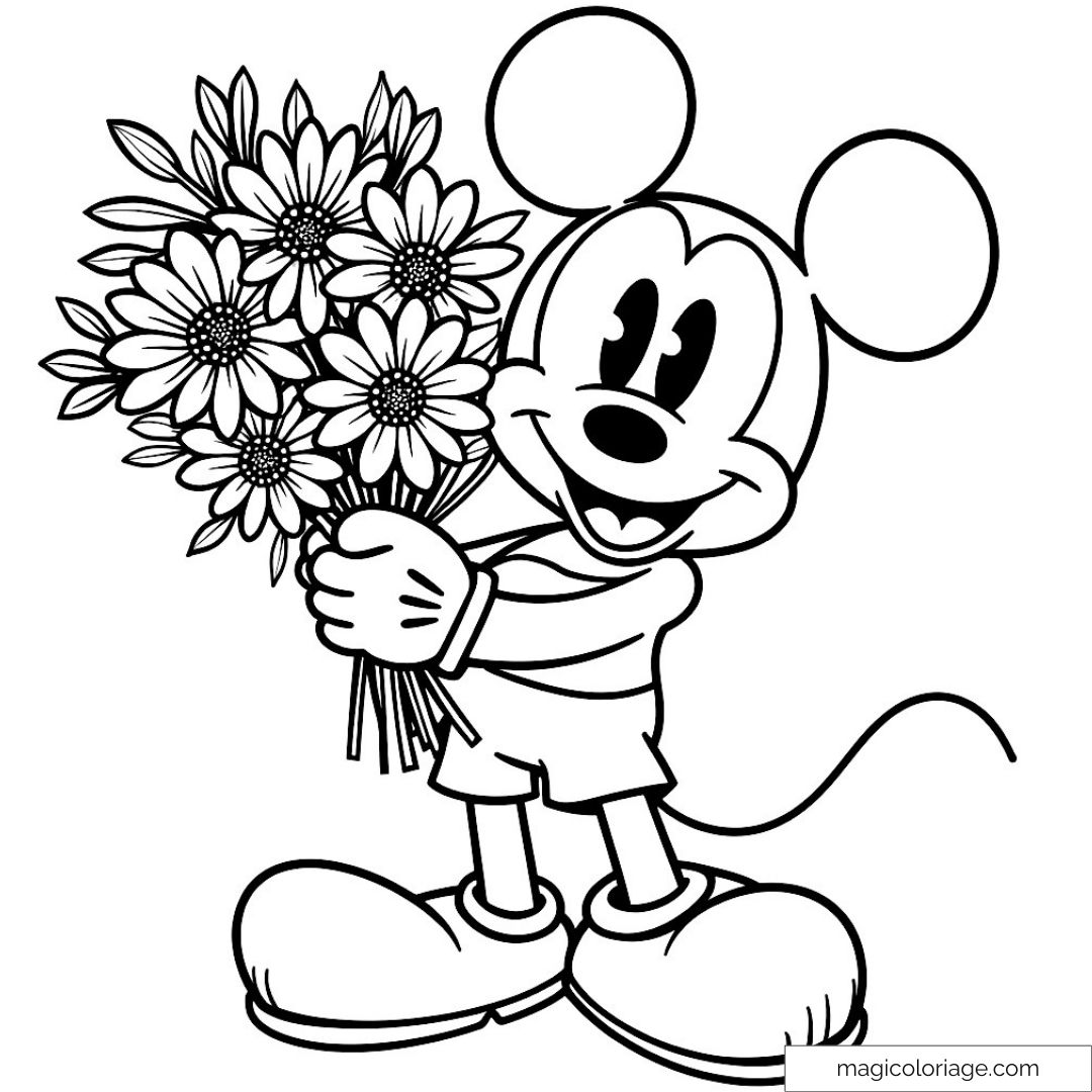 Mickey avec bouquet de fleurs à colorier pour enfants