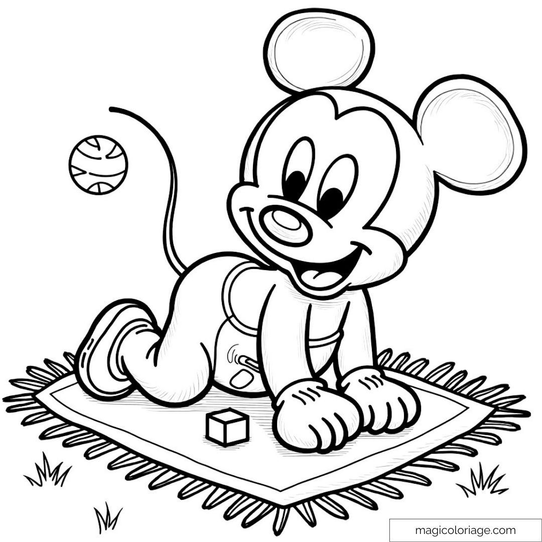 Mickey bébé rampant sur un tapis avec un cube et une balle.