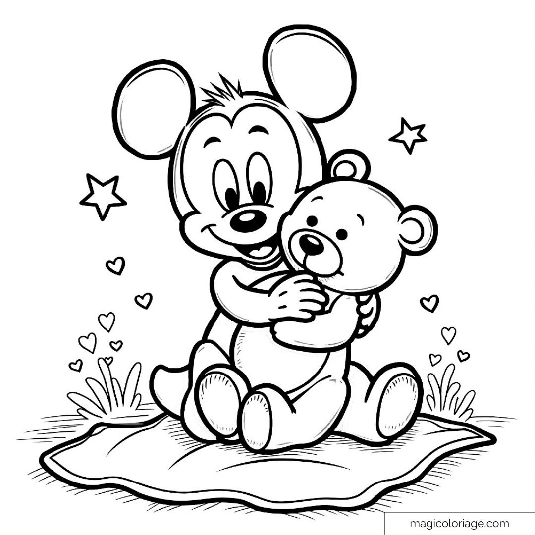 Mickey Mouse serrant un ourson avec des étoiles et des cœurs