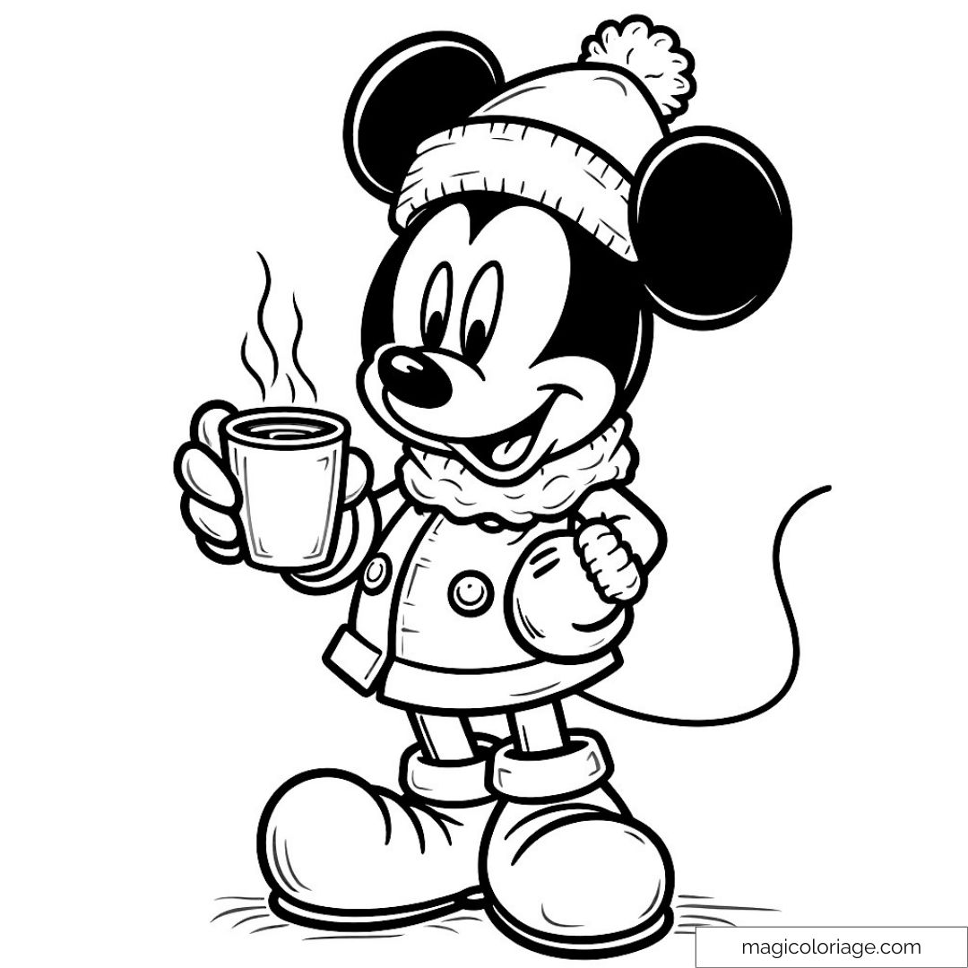 Mickey Mouse avec tasse de chocolat chaud en hiver