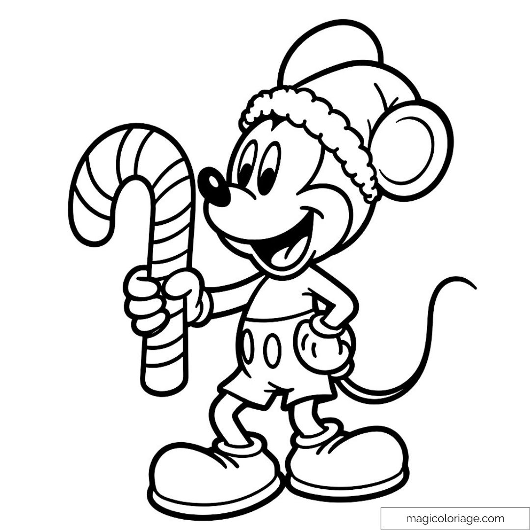Mickey portant un bonnet de Noël avec un sucre d'orge