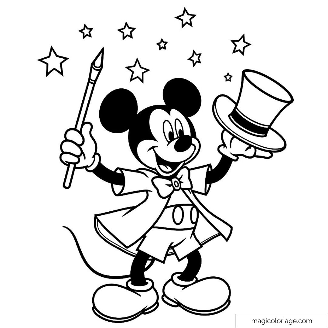 Coloriage de Mickey Mouse en tenue de magicien tenant un chapeau et une baguette