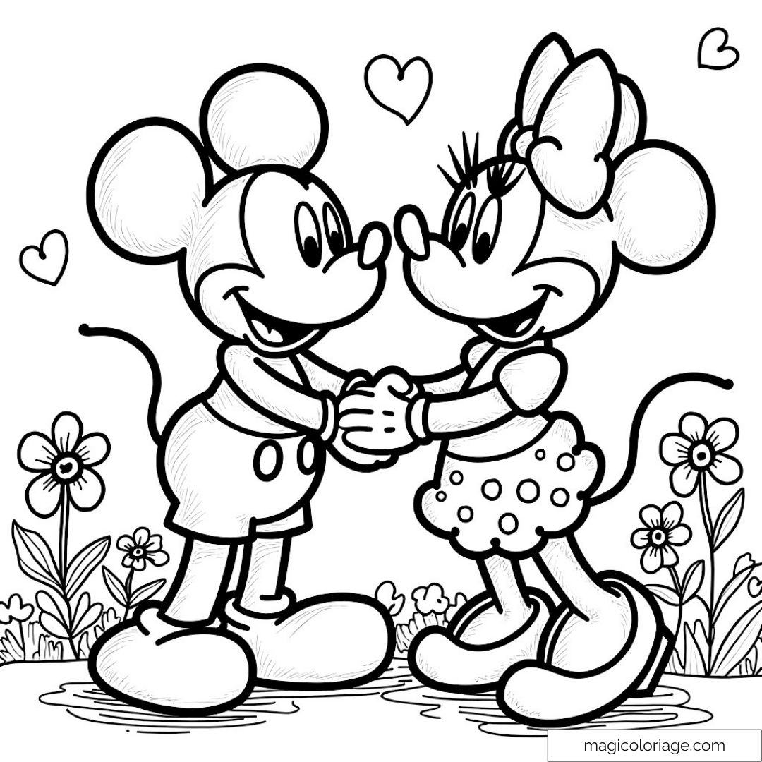 Dessin noir et blanc de Mickey et Minnie se tenant la main.