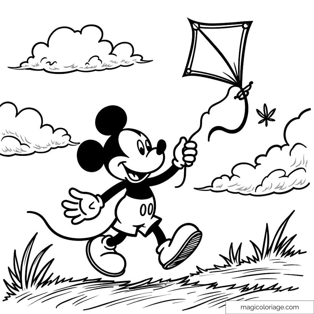 Mickey Mouse volant un cerf-volant dans le ciel nuageux