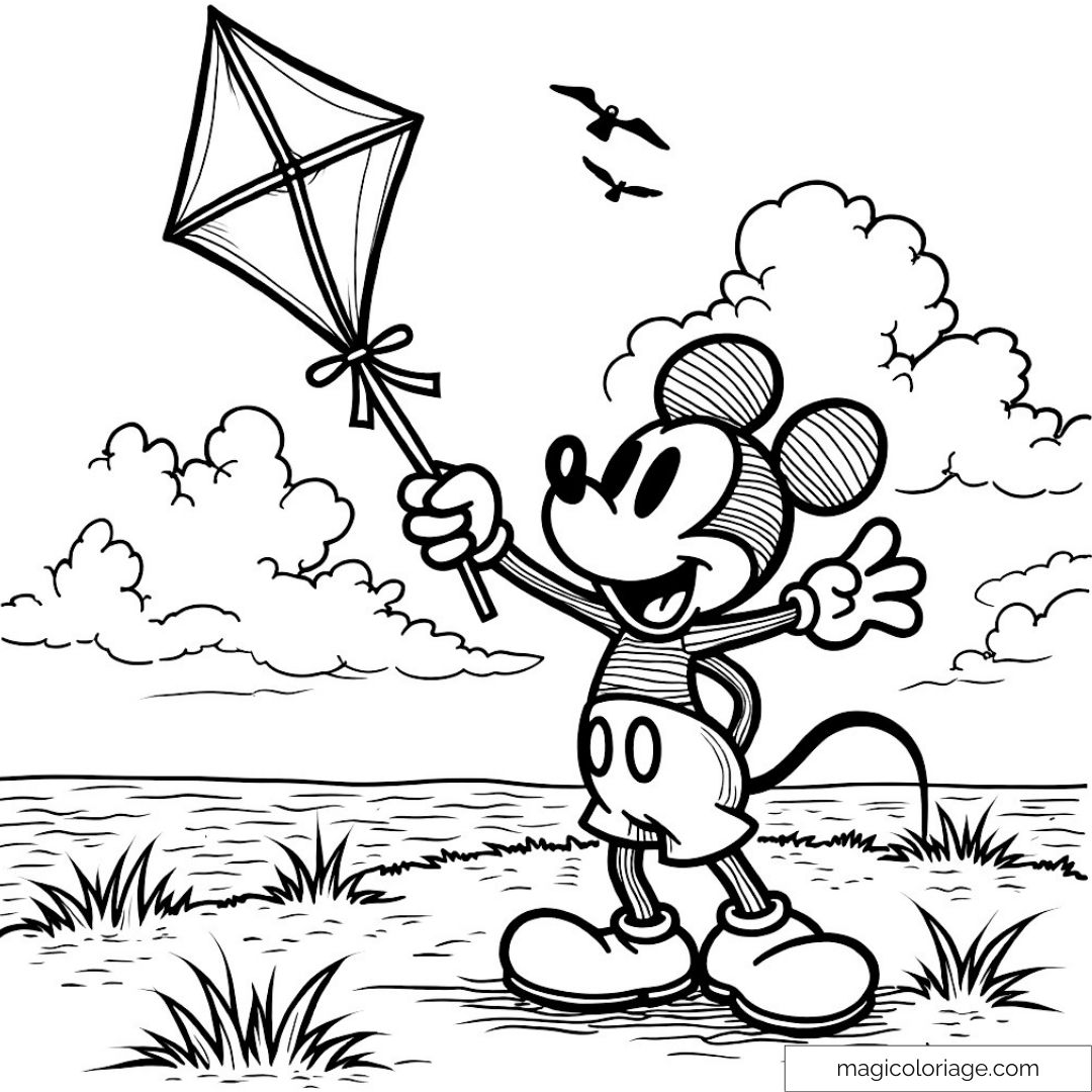 Coloriage Mickey Mouse avec cerf-volant sous un ciel nuageux.