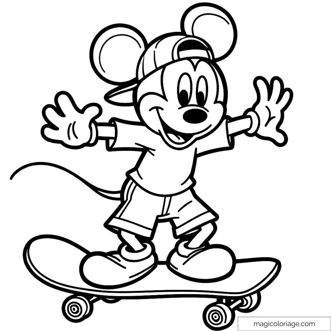 Dessin de Mickey Mouse sur skateboard à colorier pour enfants.