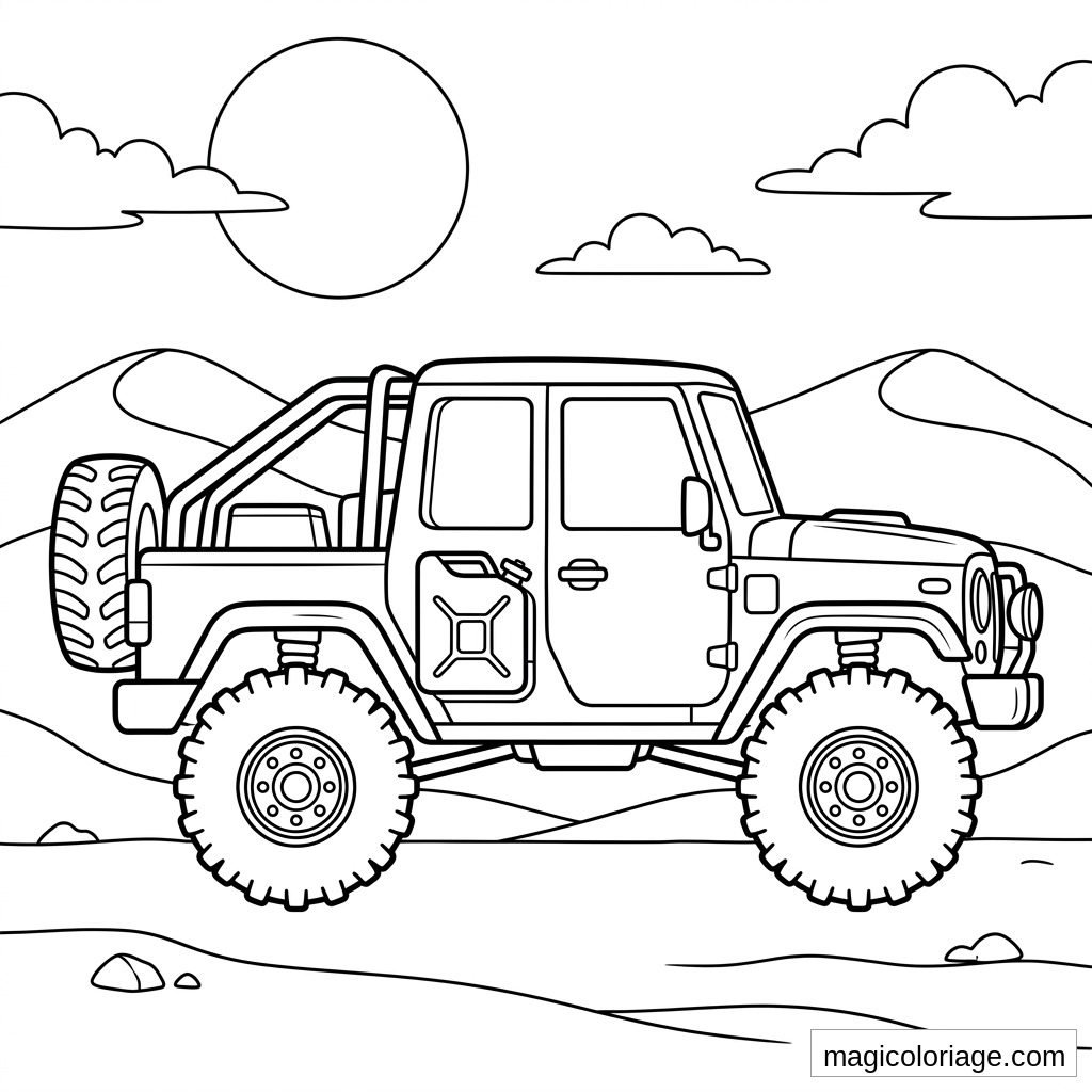Coloriage 4x4 militaire avec pneus crantés, jerrican, collines, soleil et nuages