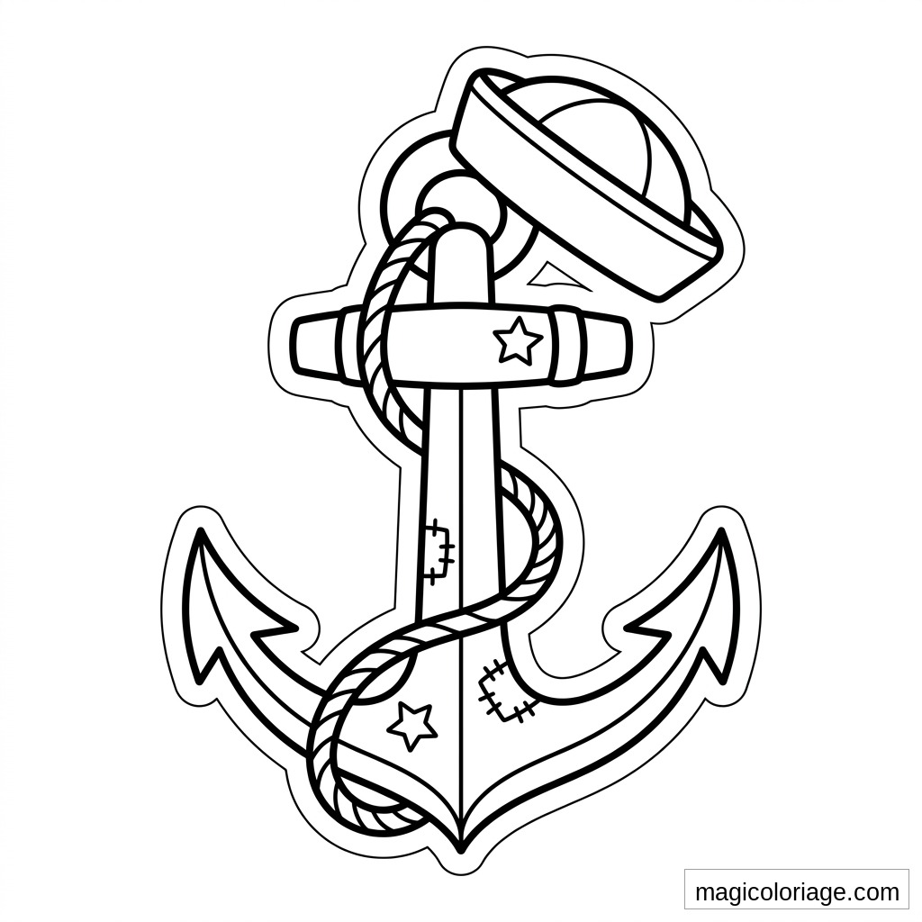 Coloriage militaire d’une ancre de marine avec cordage, casquette de marin et étoiles décoratives