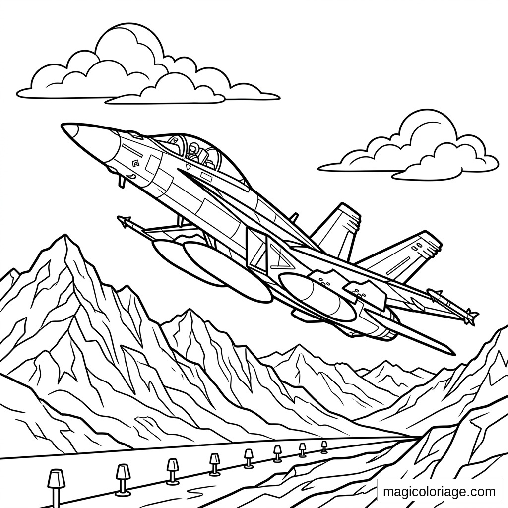 Coloriage avion de chasse militaire survolant des montagnes avec nuages, missiles et route en lacets