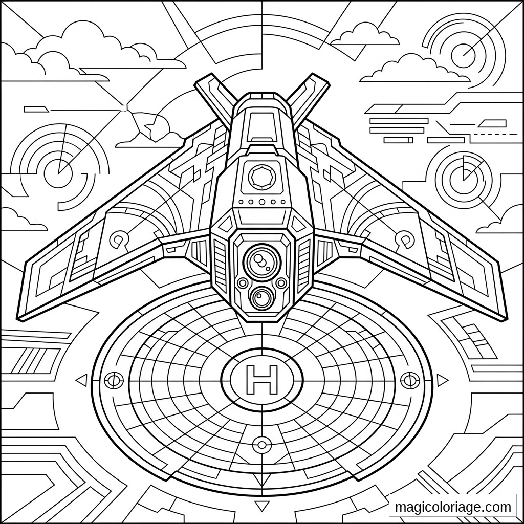 Coloriage avion militaire futuriste au-dessus d’un héliport avec radars, nuages et décor high-tech