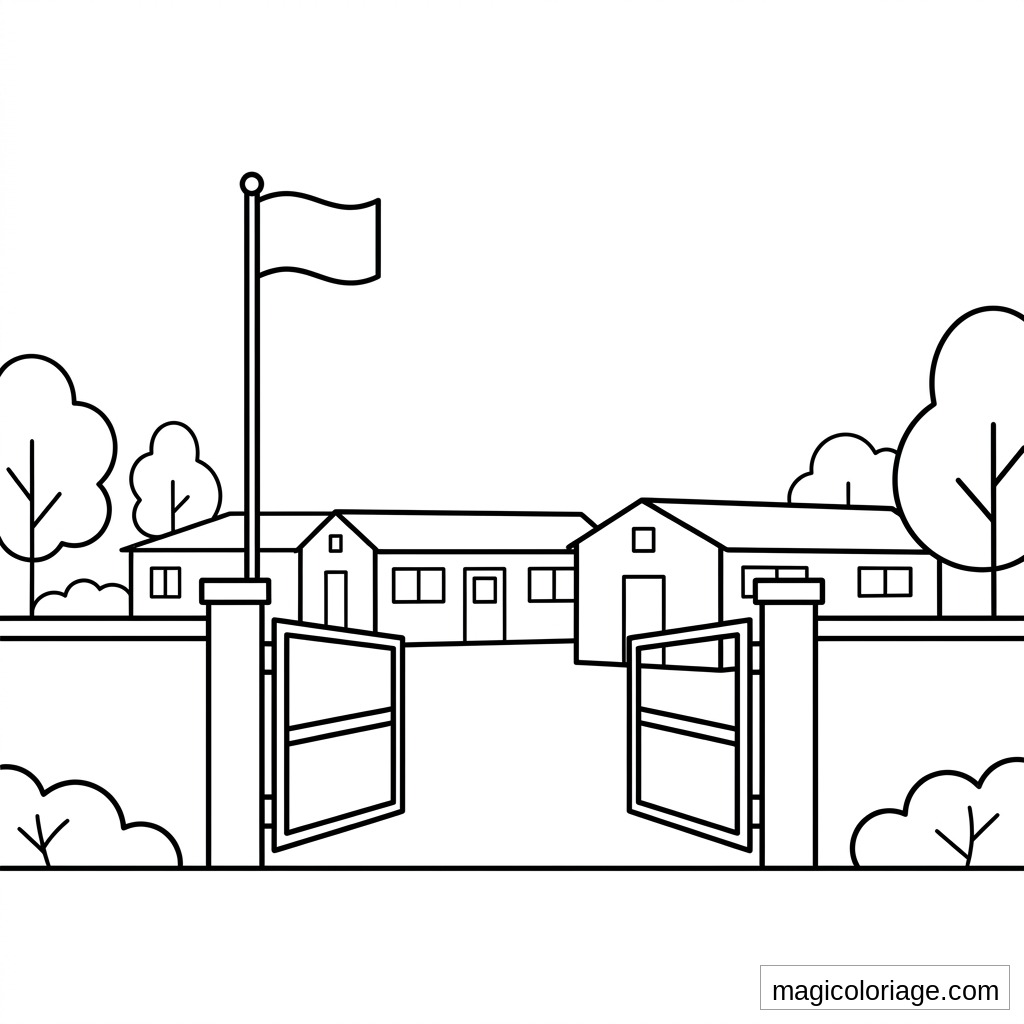 Coloriage base militaire avec portail ouvert, drapeau, bâtiments et arbres à imprimer