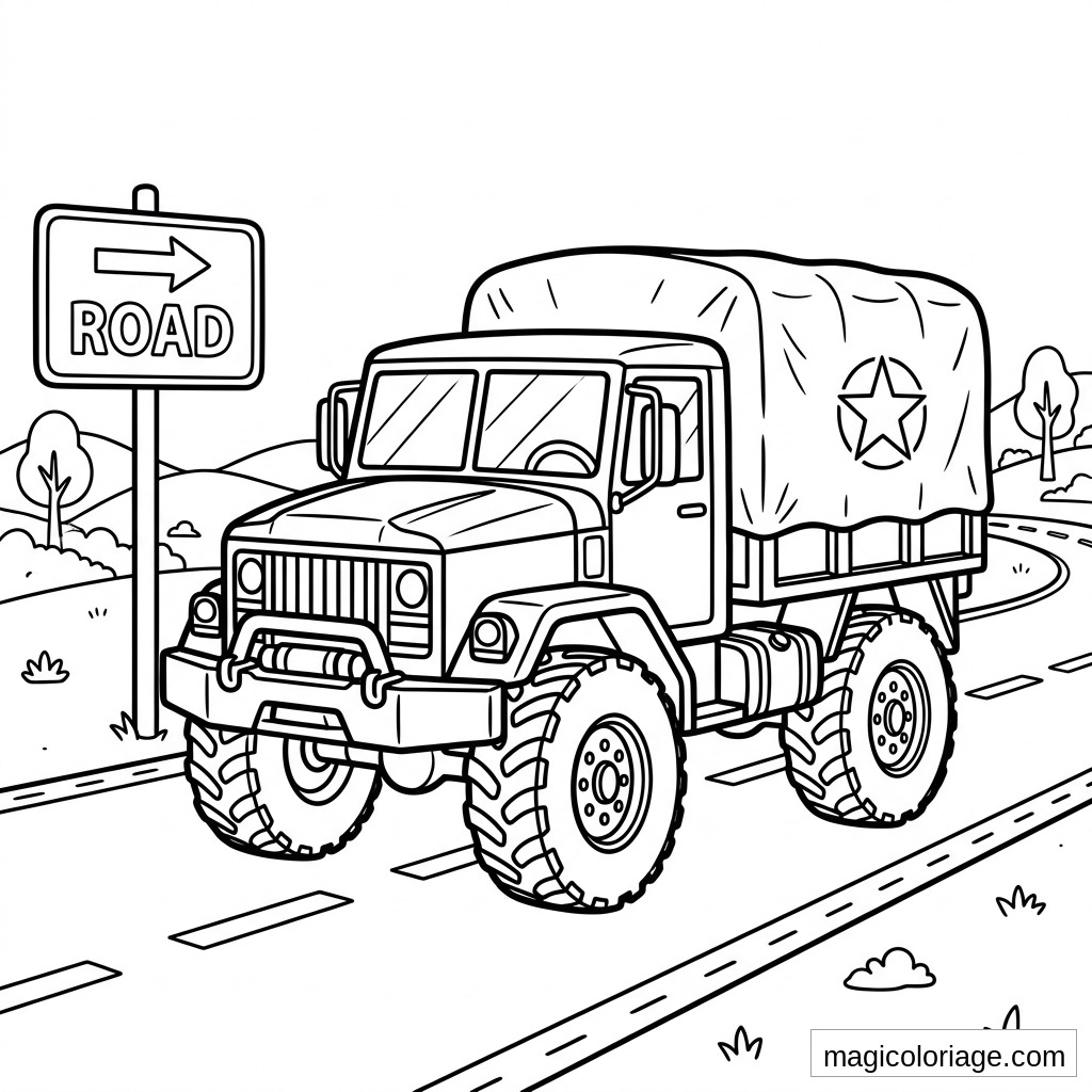 Coloriage camion militaire bâché sur route avec panneau ROAD, gros pneus et étoile sur la toile