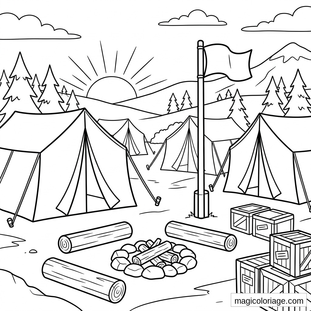 Coloriage camp militaire avec tentes, drapeau, feu de camp, caisses, sapins et montagnes