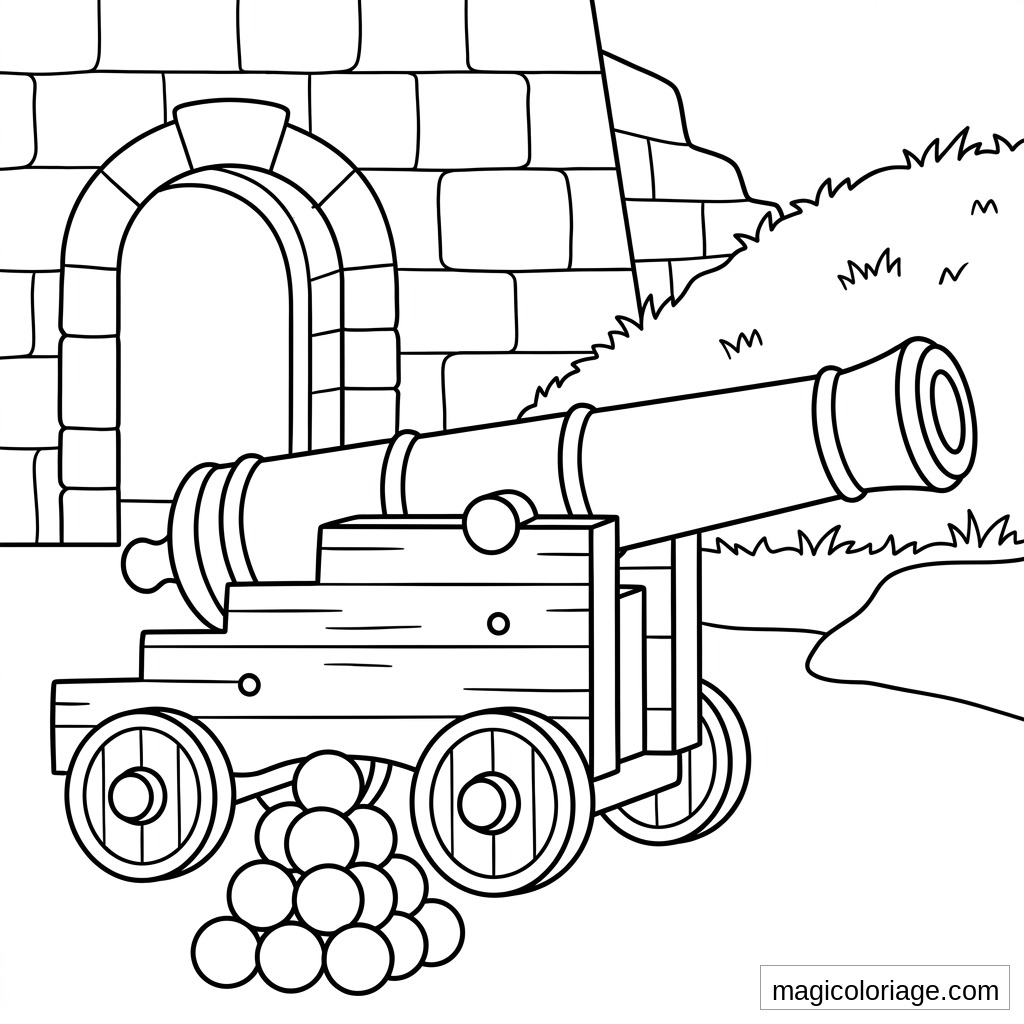Coloriage canon militaire ancien devant un fort en pierre avec boulets et roues en bois