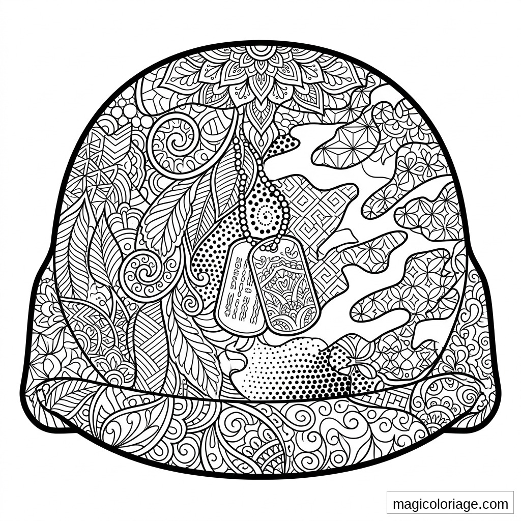 Coloriage casque militaire mandala avec plaques d’identification, camouflage, spirales et motifs détaillés