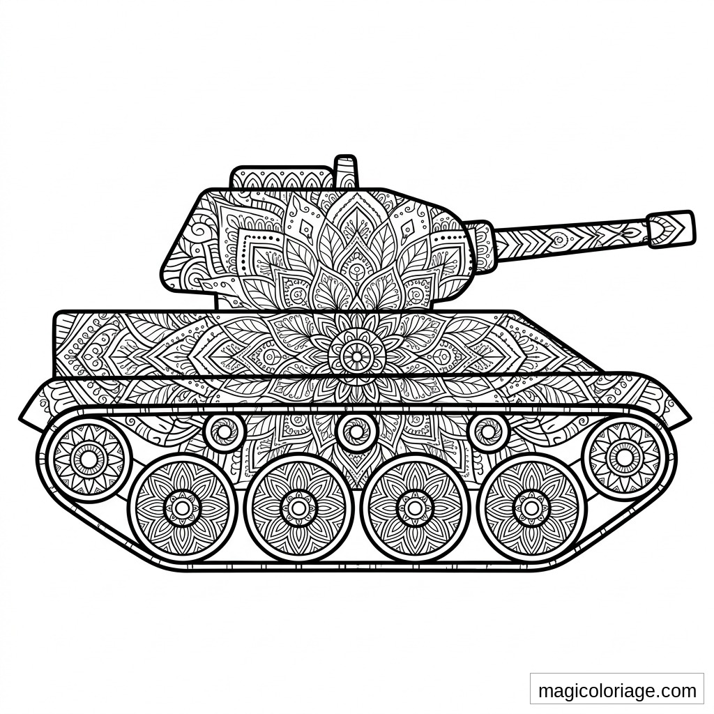 Coloriage char militaire mandala avec canon, chenilles, roues et motifs floraux détaillés