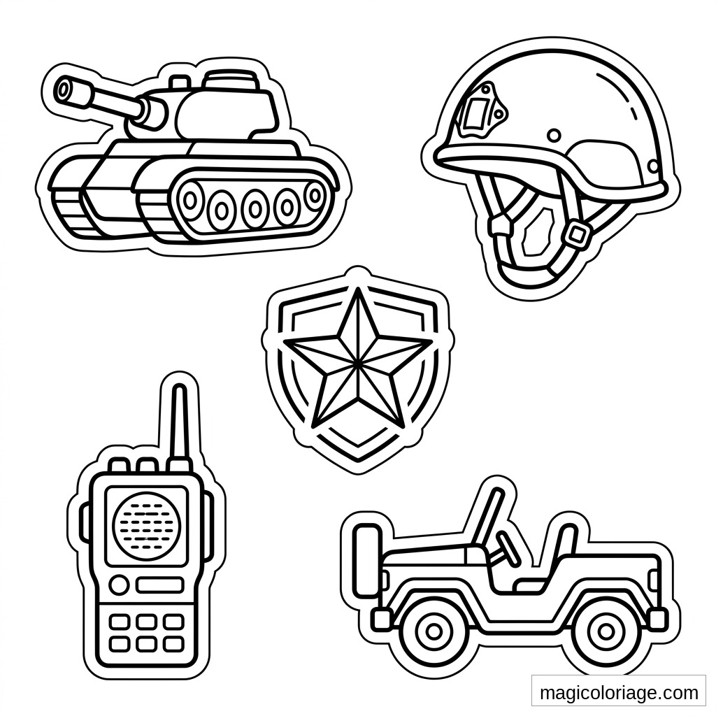 Coloriage militaire avec char, casque, talkie-walkie, jeep et insigne étoilé