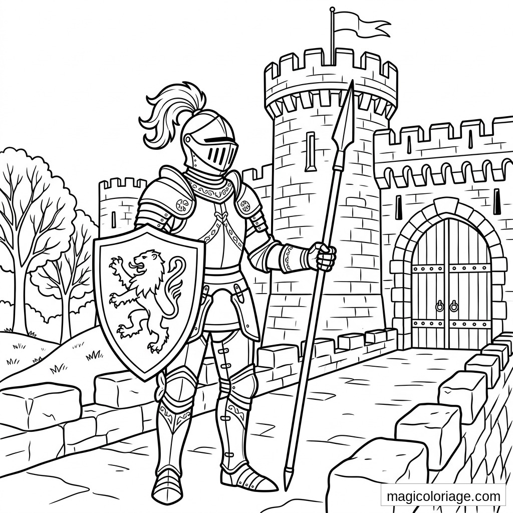 Coloriage militaire chevalier en armure avec lance, bouclier au lion et château fort crénelé