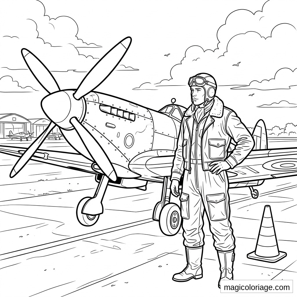 Coloriage pilote militaire devant un avion à hélice sur une piste avec hangars et cône