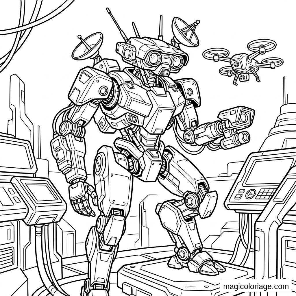 Coloriage robot militaire futuriste avec drone, antennes et consoles de base technologique