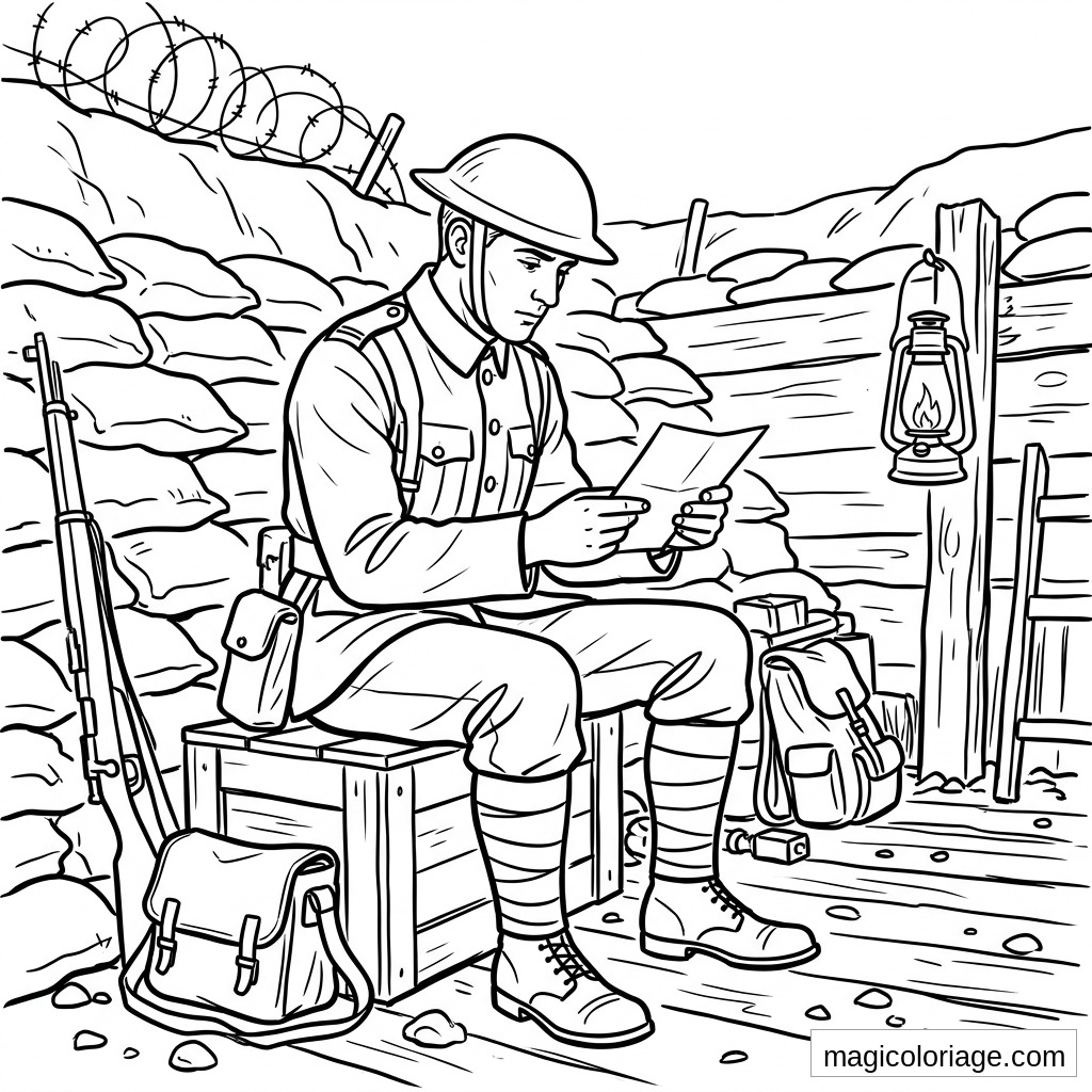 Coloriage militaire d’un soldat dans une tranchée lisant une lettre, avec sacs de sable, fusil et lanterne