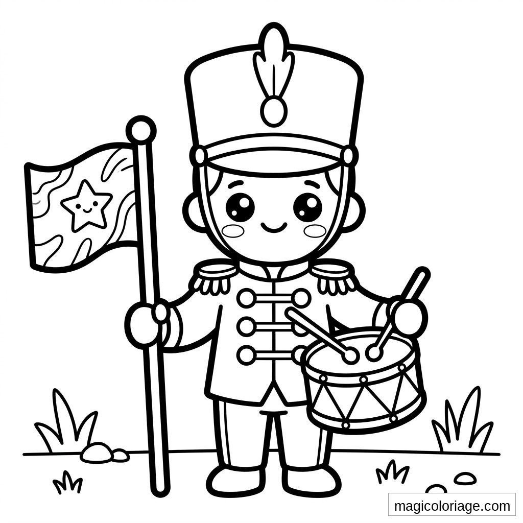 Coloriage militaire d’un tambour-major avec drapeau, tambour, grand chapeau et uniforme de parade