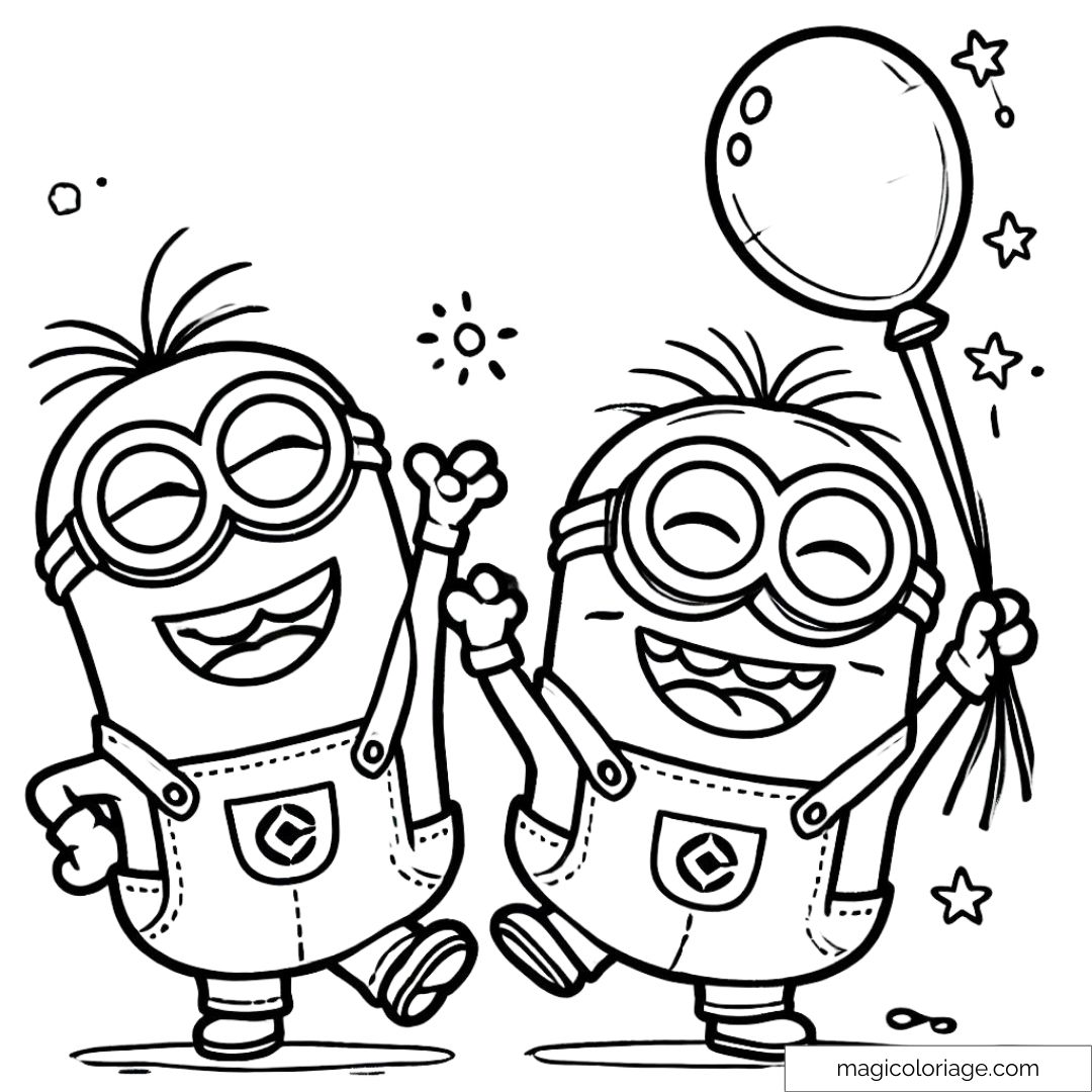 Dessin à colorier de deux Minions riant avec un ballon, à imprimer pour enfants