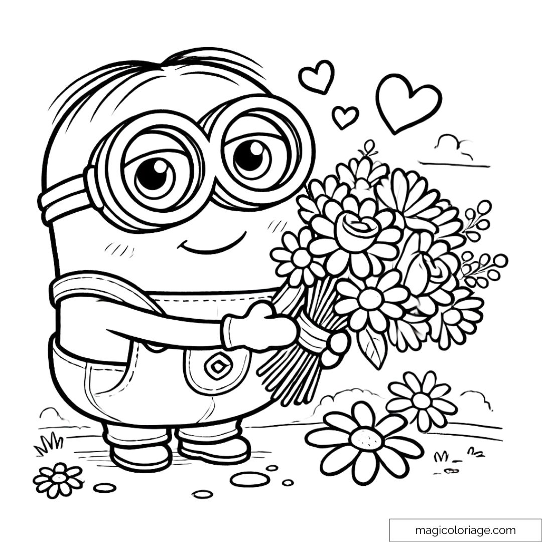 Minion tenant un bouquet de fleurs, coloriage simple à imprimer pour enfants