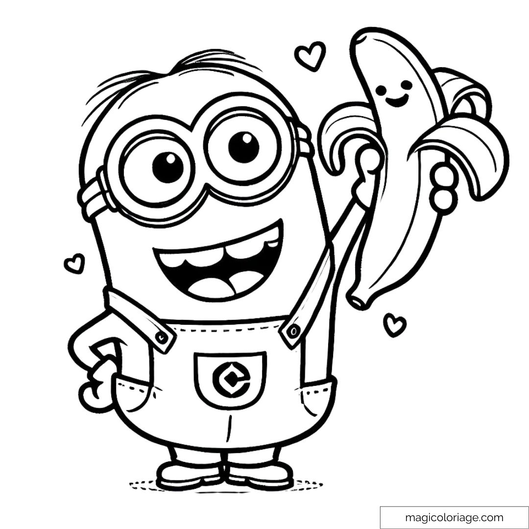 Coloriage Minion avec une banane, un personnage souriant pour enfants à imprimer et colorier