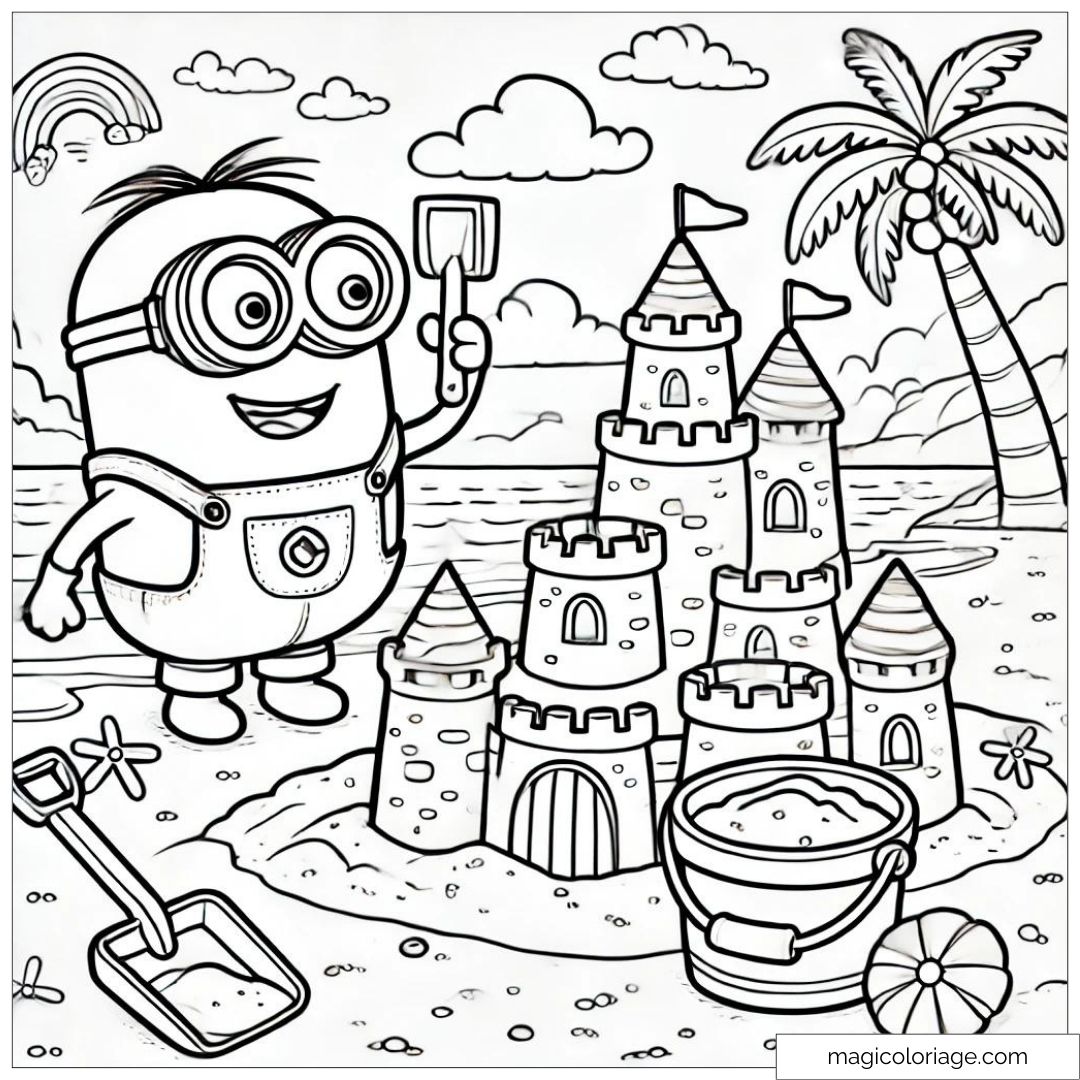 Minion construisant un château de sable avec une pelle et un seau, dessin à imprimer pour enfants